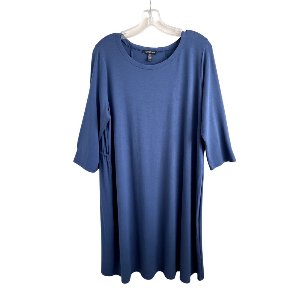 Eileen Fisher Sz L Drawstring Back Dress Blue A-Line Lagenlook Minimalist Sleek - Picture 4 of 11